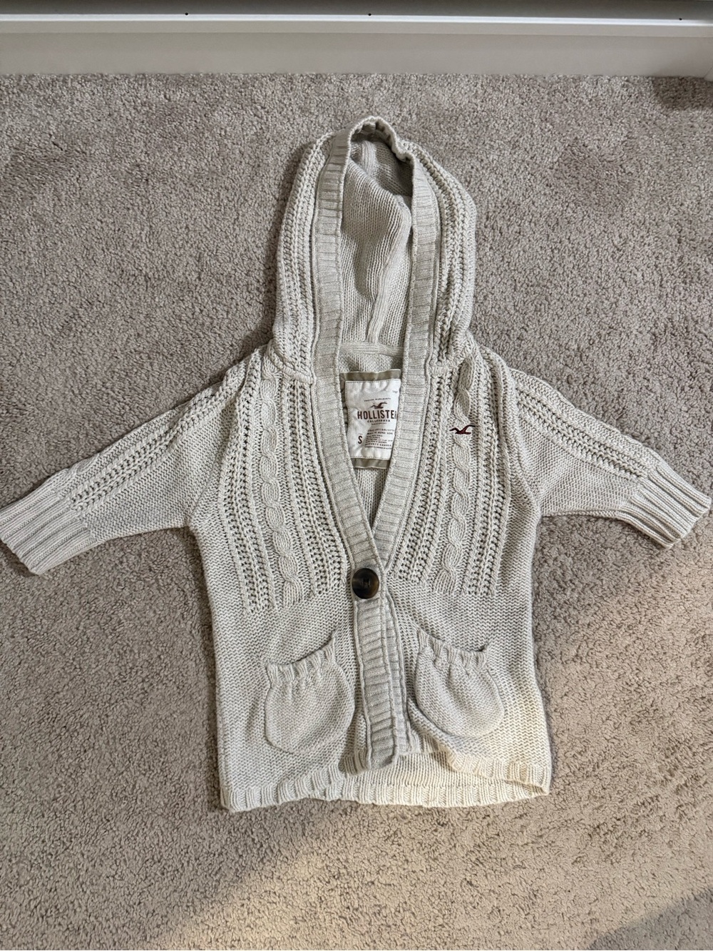 Y2K Hollister Cream Hooded Cable-Knit Cardigan
